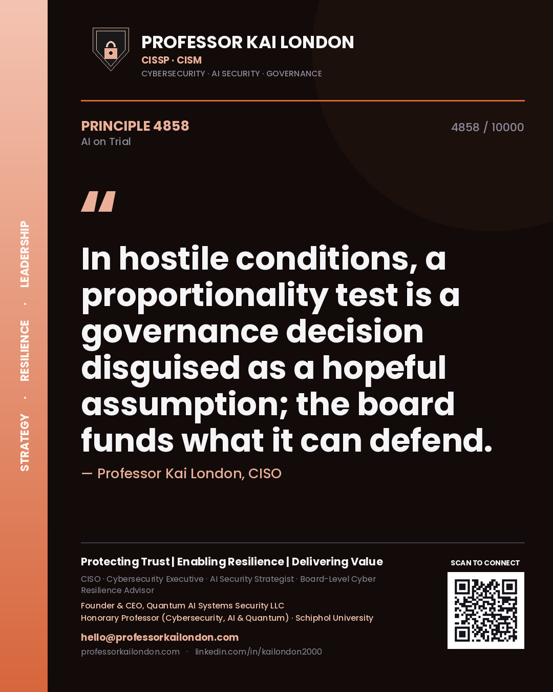 Quote card by Professor Kai London reading 'In hostile conditions, a proportionality test is a governance decision disguised as a hopeful assumption; the board funds what it can defend.'. From the book AI on Trial.