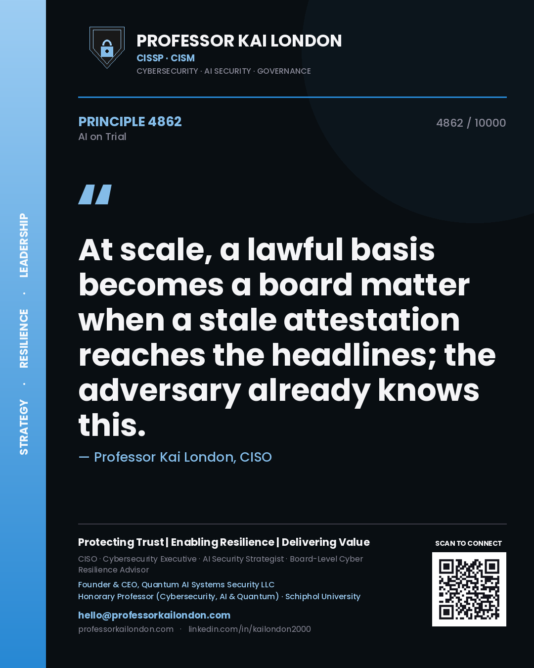 Quote card by Professor Kai London reading 'At scale, a lawful basis becomes a board matter when a stale attestation reaches the headlines; the adversary already knows this.'. From the book AI on Trial.