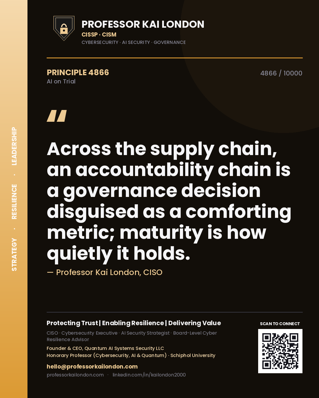 Quote card by Professor Kai London reading 'Across the supply chain, an accountability chain is a governance decision disguised as a comforting metric; maturity is how quietly it holds.'. From the book AI on Trial.