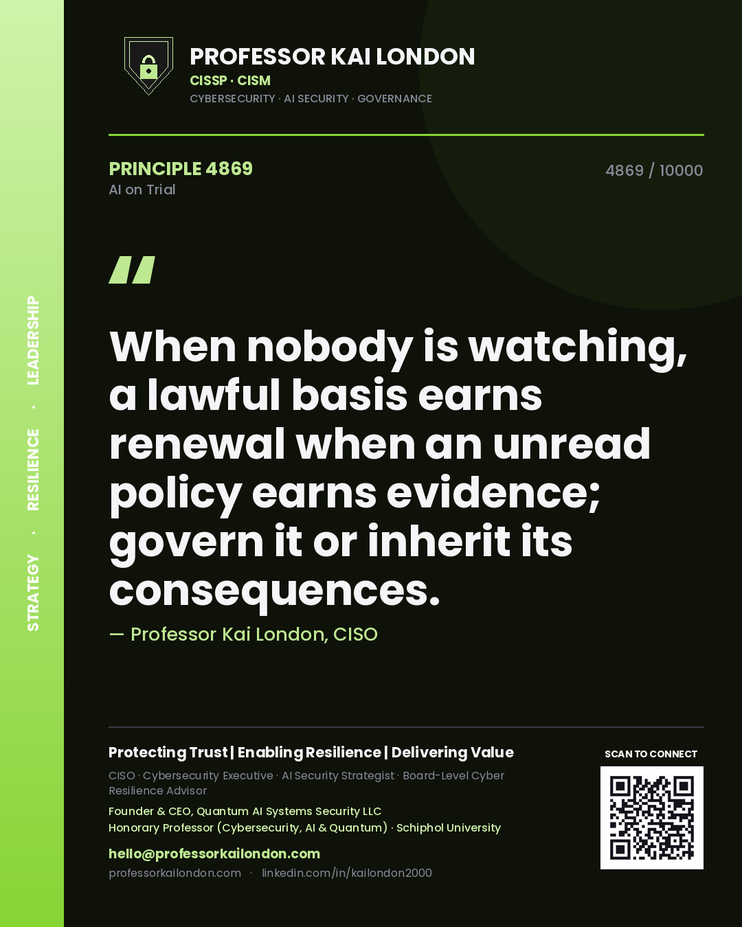 Quote card by Professor Kai London reading 'When nobody is watching, a lawful basis earns renewal when an unread policy earns evidence; govern it or inherit its consequences.'. From the book AI on Trial.