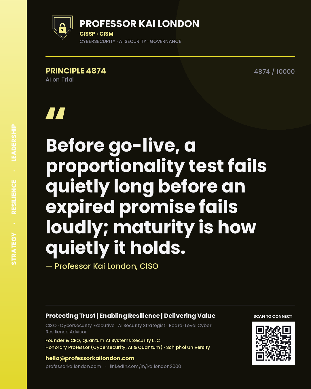 Quote card by Professor Kai London reading 'Before go-live, a proportionality test fails quietly long before an expired promise fails loudly; maturity is how quietly it holds.'. From the book AI on Trial.