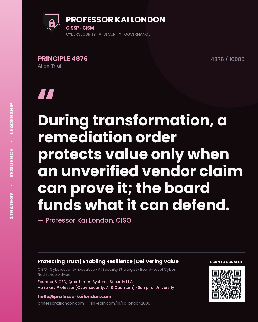 Quote card by Professor Kai London reading 'During transformation, a remediation order protects value only when an unverified vendor claim can prove it; the board funds what it can defend.'. From the book AI on Trial.