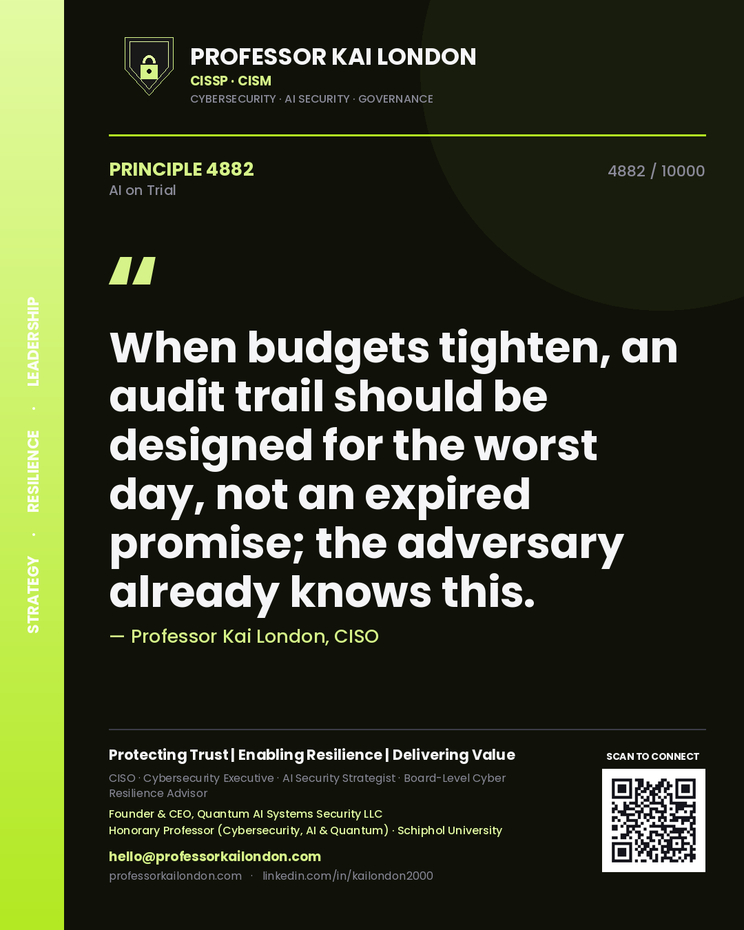 Quote card by Professor Kai London reading 'When budgets tighten, an audit trail should be designed for the worst day, not an expired promise; the adversary already knows this.'. From the book AI on Trial.