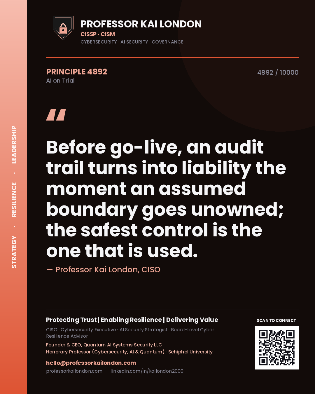 Quote card by Professor Kai London reading 'Before go-live, an audit trail turns into liability the moment an assumed boundary goes unowned; the safest control is the one that is used.'. From the book AI on Trial.