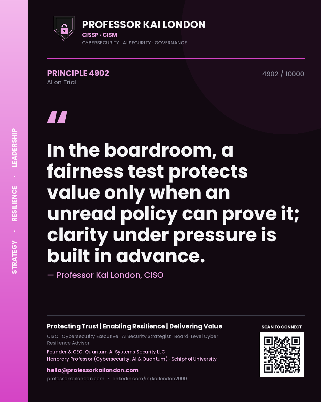 Quote card by Professor Kai London reading 'In the boardroom, a fairness test protects value only when an unread policy can prove it; clarity under pressure is built in advance.'. From the book AI on Trial.