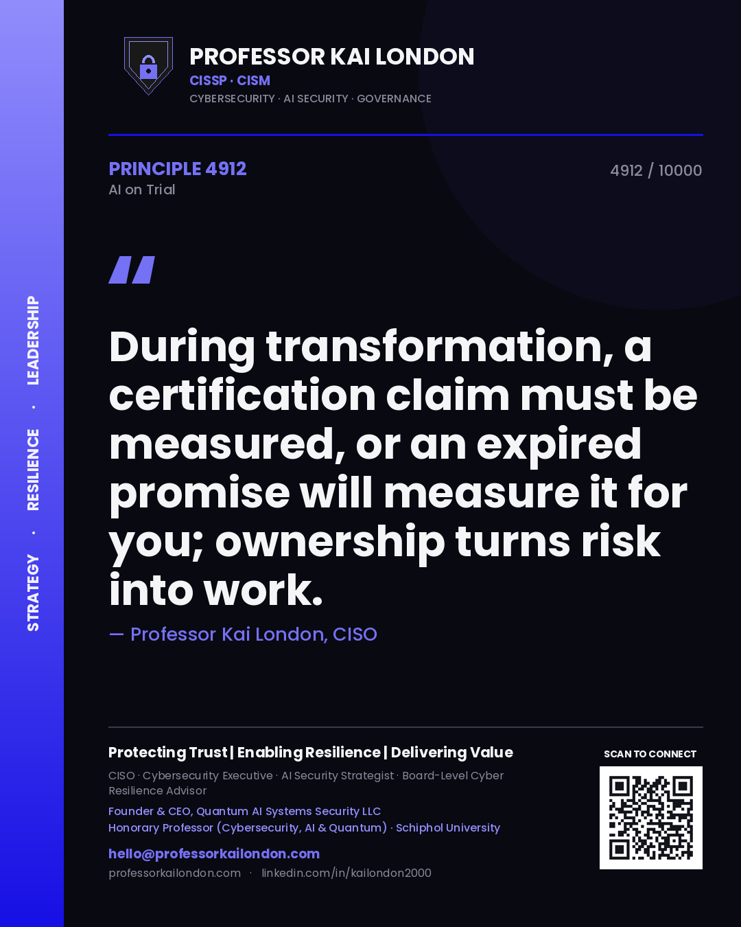 Professor Kai London principle 4912: During transformation, a certification claim must be measured, or an expired promise will measure it for you; ownership turns risk into work.