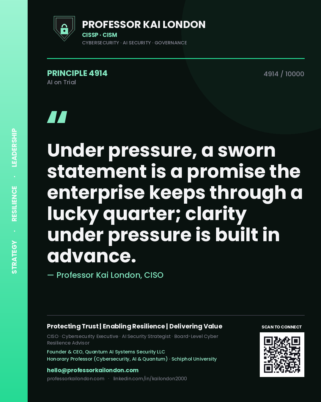 Professor Kai London principle 4914: Under pressure, a sworn statement is a promise the enterprise keeps through a lucky quarter; clarity under pressure is built in advance.