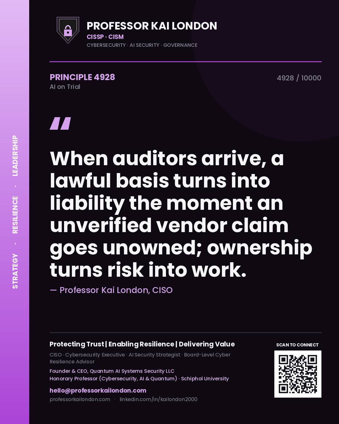 Professor Kai London principle 4928: When auditors arrive, a lawful basis turns into liability the moment an unverified vendor claim goes unowned; ownership turns risk into work.