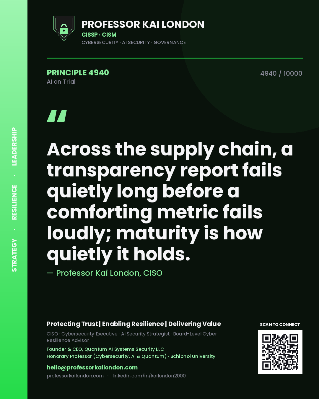Professor Kai London principle 4940: Across the supply chain, a transparency report fails quietly long before a comforting metric fails loudly; maturity is how quietly it holds.