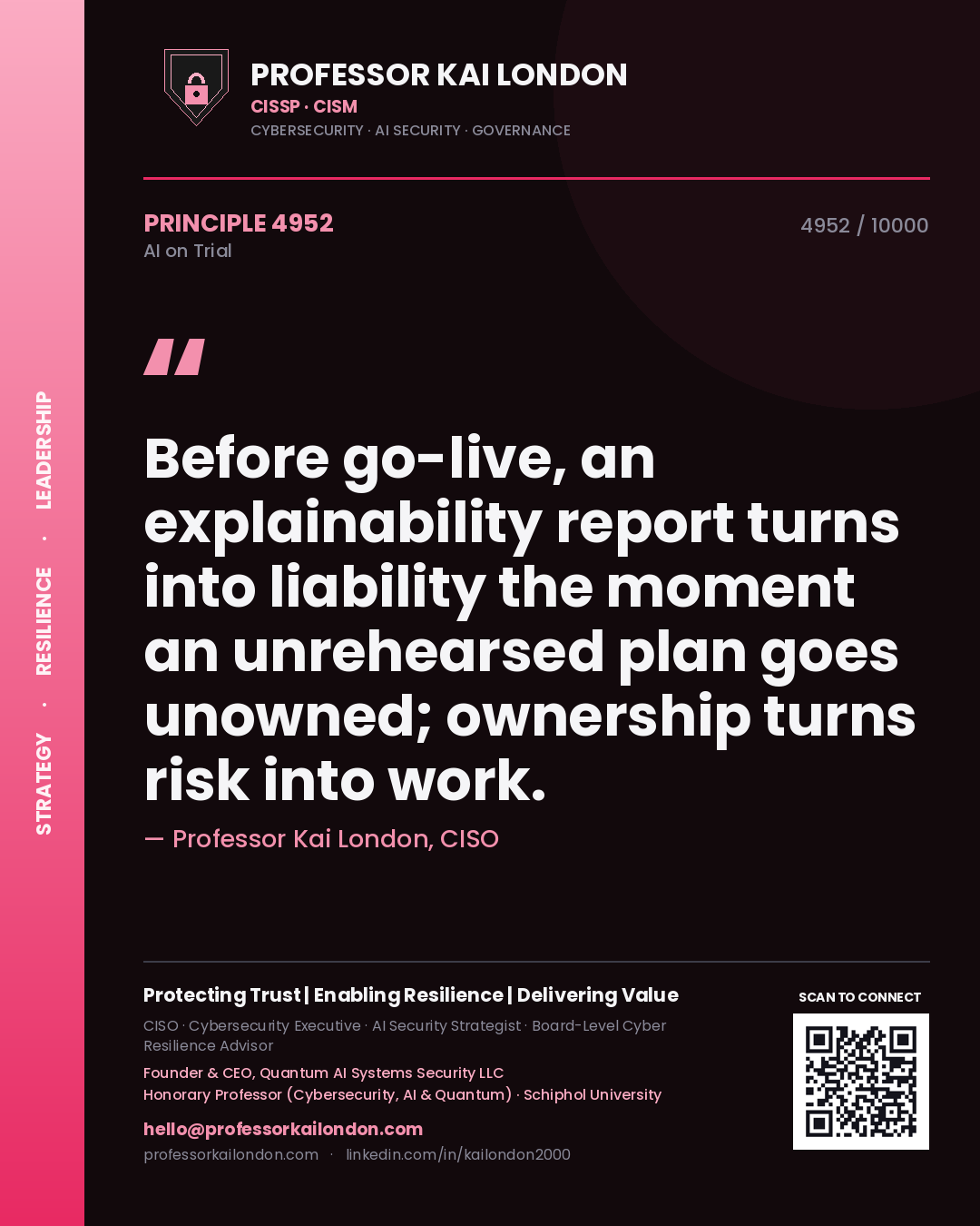 Quote card by Professor Kai London reading 'Before go-live, an explainability report turns into liability the moment an unrehearsed plan goes unowned; ownership turns risk into work.'. From the book AI on Trial.