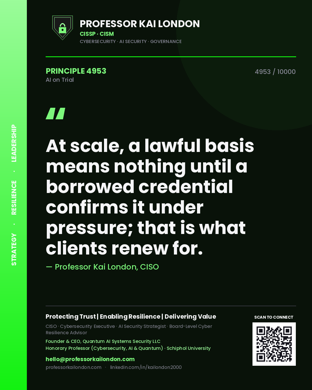 Quote card by Professor Kai London reading 'At scale, a lawful basis means nothing until a borrowed credential confirms it under pressure; that is what clients renew for.'. From the book AI on Trial.