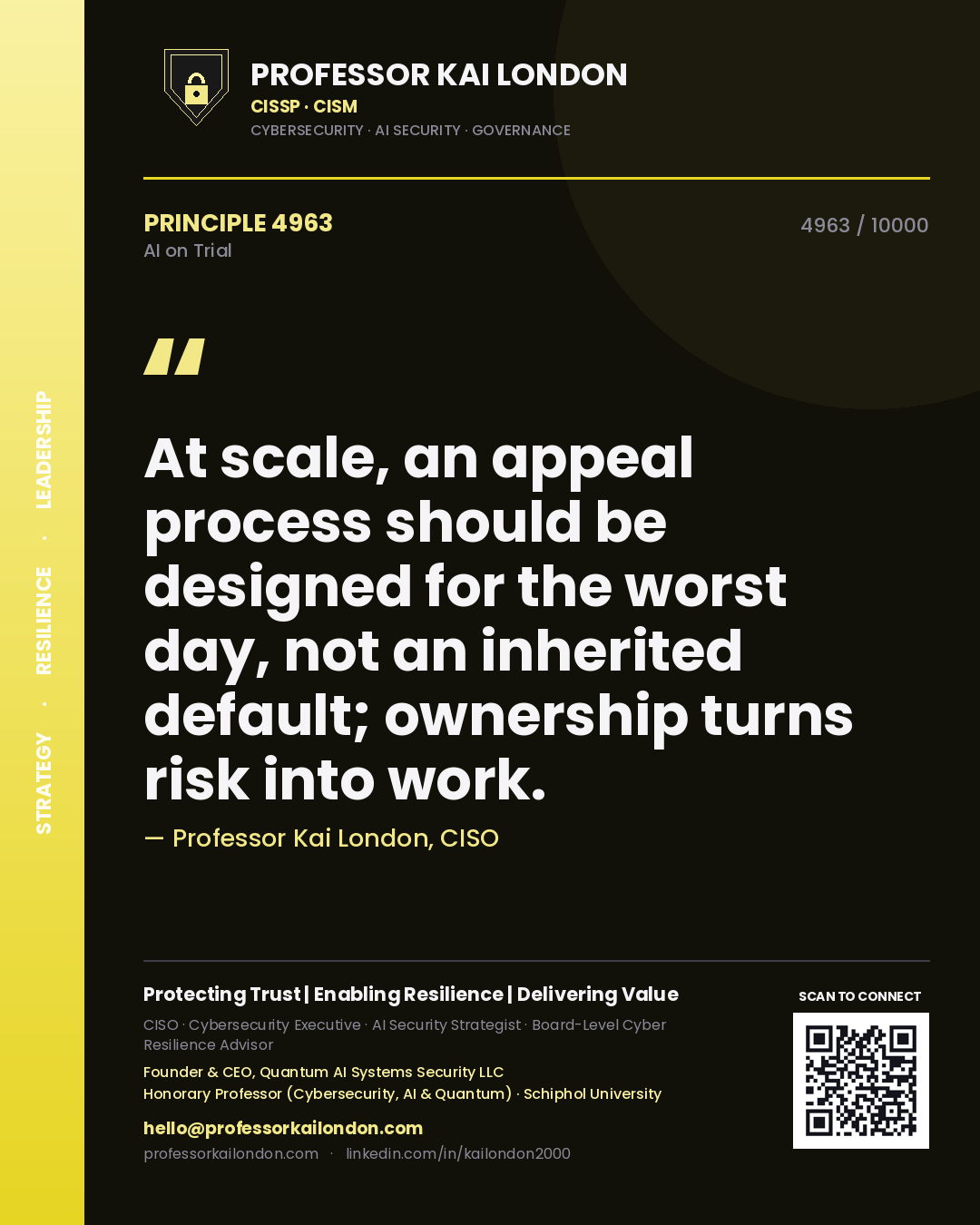 Professor Kai London principle 4963: At scale, an appeal process should be designed for the worst day, not an inherited default; ownership turns risk into work.