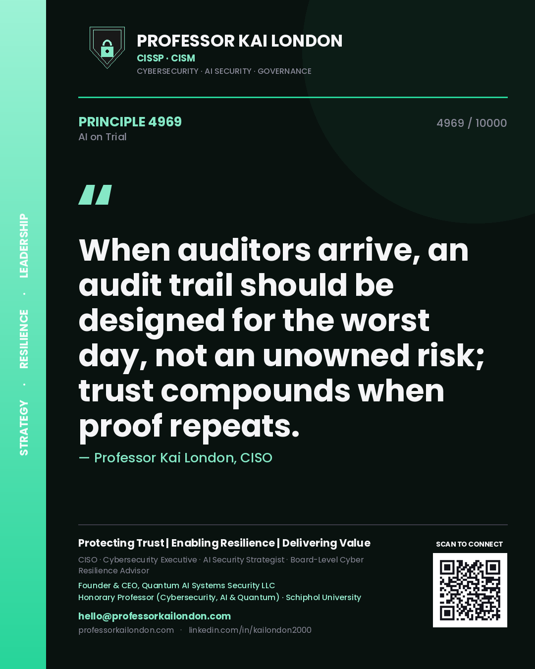 Quote card by Professor Kai London reading 'When auditors arrive, an audit trail should be designed for the worst day, not an unowned risk; trust compounds when proof repeats.'. From the book AI on Trial.