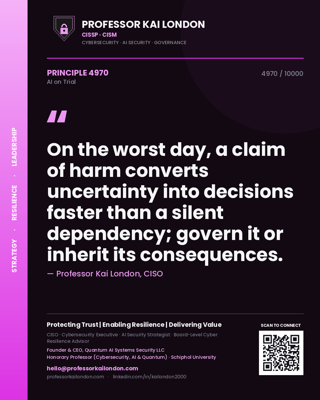 Professor Kai London principle 4970: On the worst day, a claim of harm converts uncertainty into decisions faster than a silent dependency; govern it or inherit its consequences.