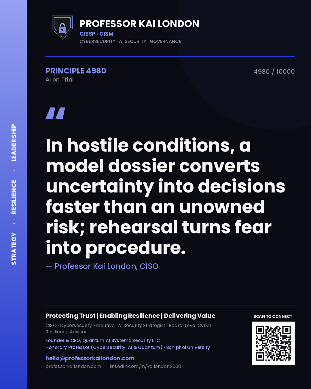 Quote card by Professor Kai London reading 'In hostile conditions, a model dossier converts uncertainty into decisions faster than an unowned risk; rehearsal turns fear into procedure.'. From the book AI on Trial.