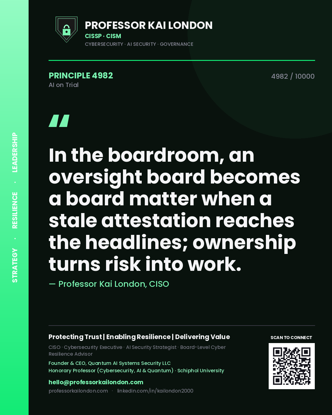 Professor Kai London principle 4982: In the boardroom, an oversight board becomes a board matter when a stale attestation reaches the headlines; ownership turns risk into work.