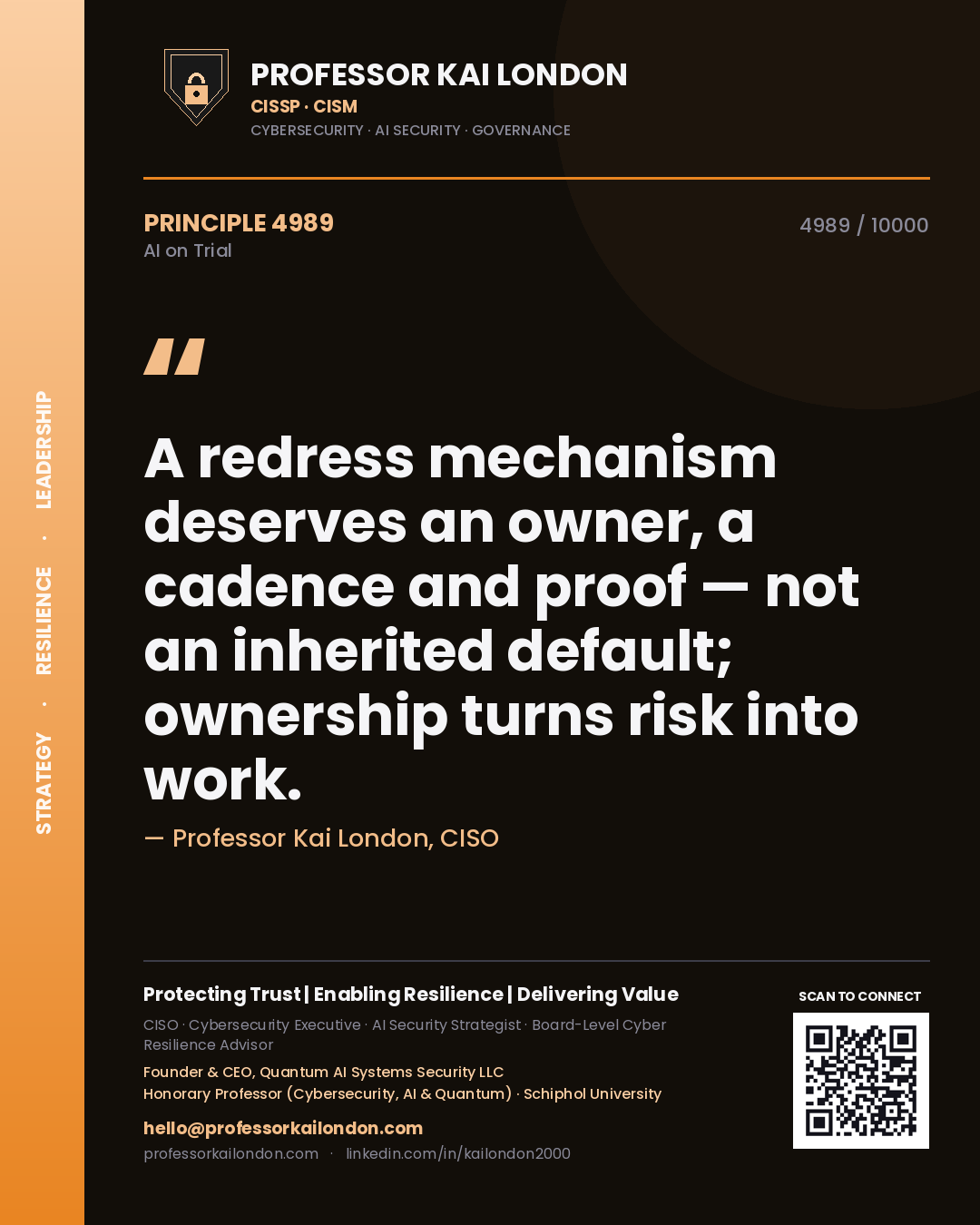 Professor Kai London principle 4989: A redress mechanism deserves an owner, a cadence and proof — not an inherited default; ownership turns risk into work.