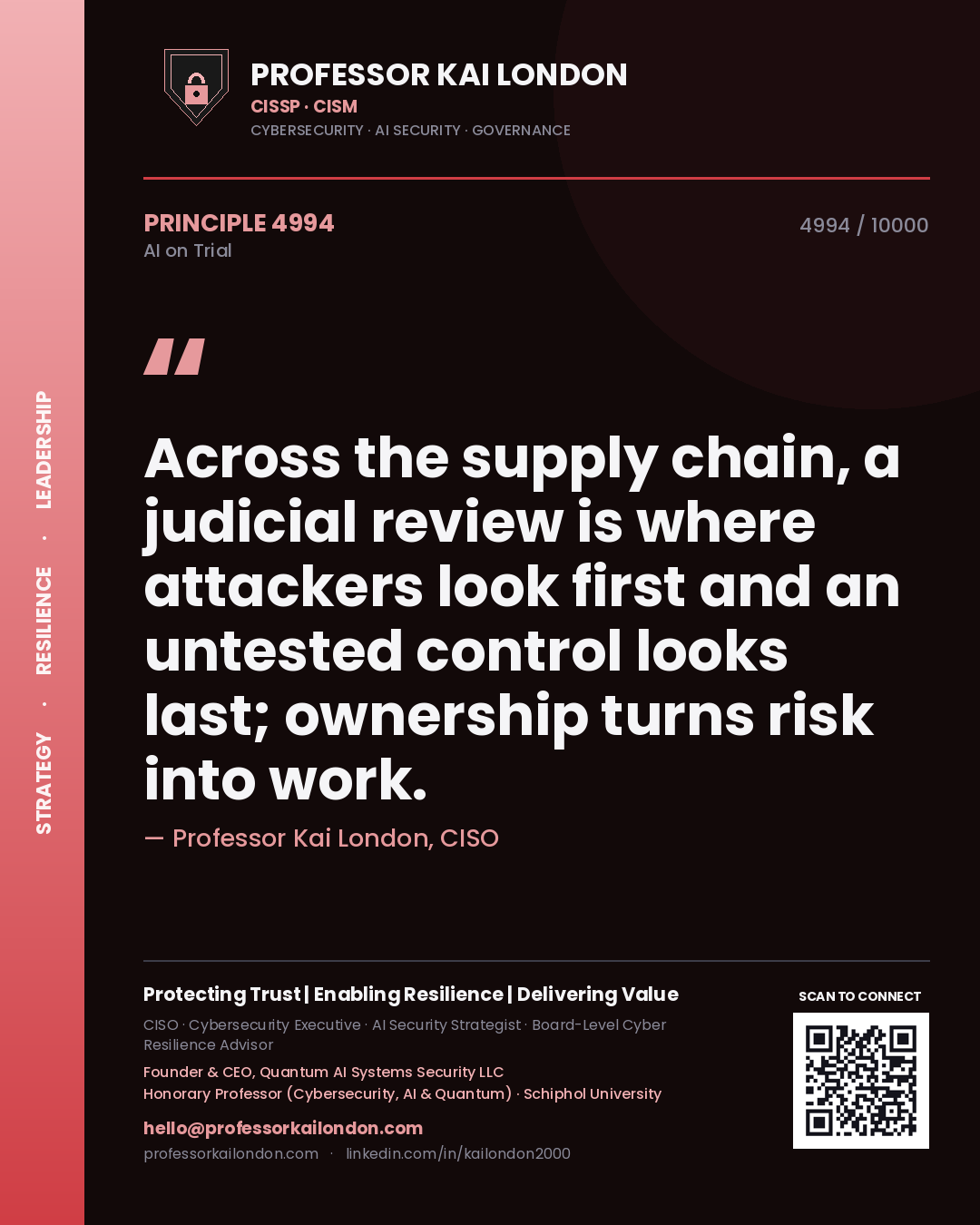 Professor Kai London principle 4994: Across the supply chain, a judicial review is where attackers look first and an untested control looks last; ownership turns risk into work.