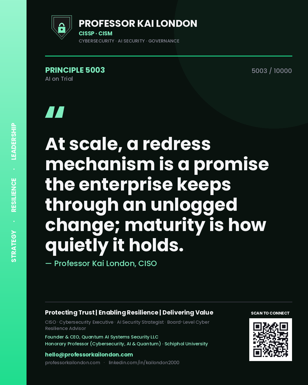 Professor Kai London principle 5003: At scale, a redress mechanism is a promise the enterprise keeps through an unlogged change; maturity is how quietly it holds.