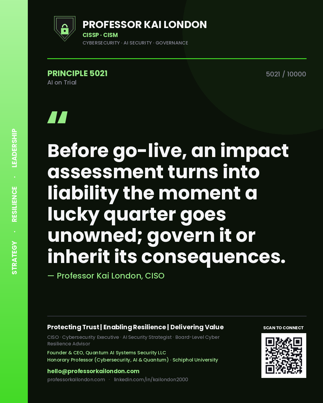 Professor Kai London principle 5021: Before go-live, an impact assessment turns into liability the moment a lucky quarter goes unowned; govern it or inherit its consequences.