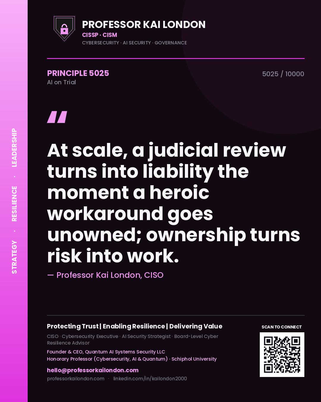 Professor Kai London principle 5025: At scale, a judicial review turns into liability the moment a heroic workaround goes unowned; ownership turns risk into work.
