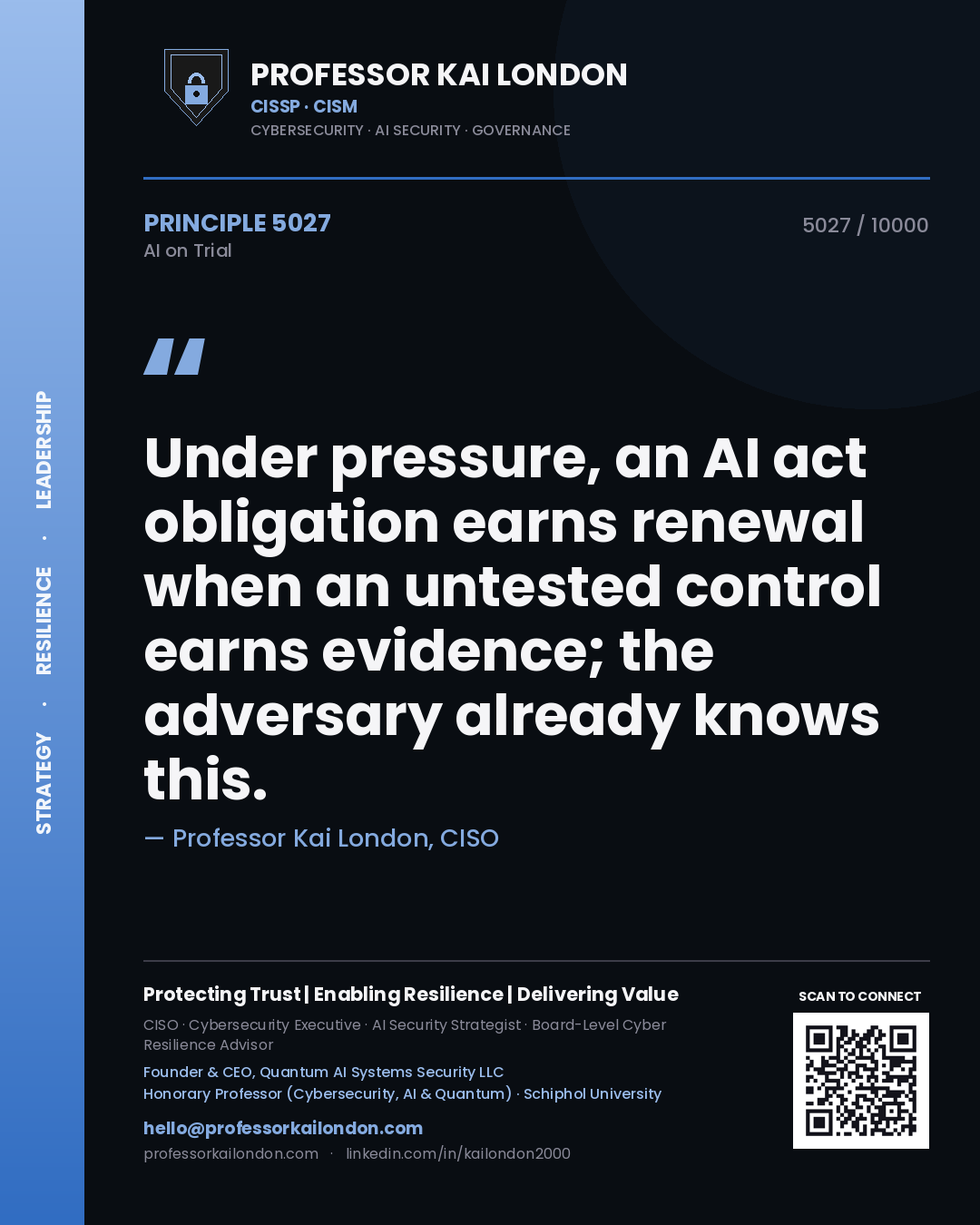 Professor Kai London principle 5027: Under pressure, an AI act obligation earns renewal when an untested control earns evidence; the adversary already knows this.