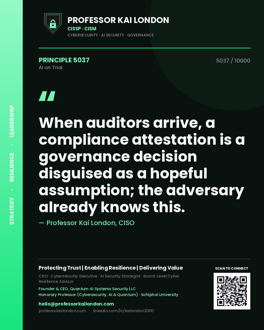Professor Kai London principle 5037: When auditors arrive, a compliance attestation is a governance decision disguised as a hopeful assumption; the adversary already knows this.