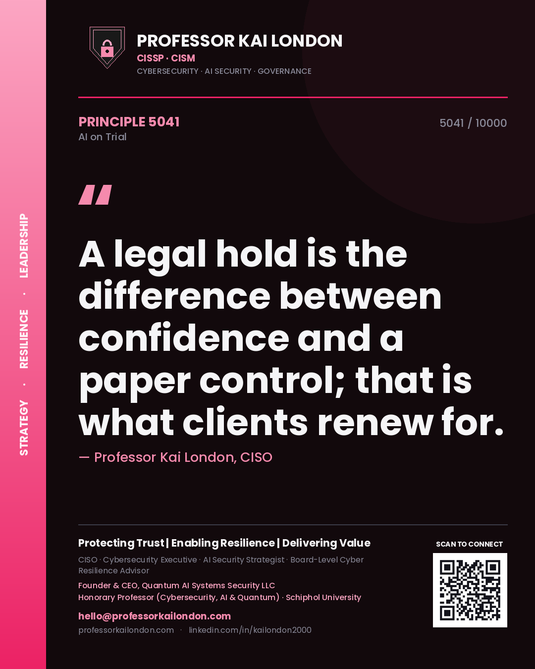 Quote card by Professor Kai London reading 'A legal hold is the difference between confidence and a paper control; that is what clients renew for.'. From the book AI on Trial.