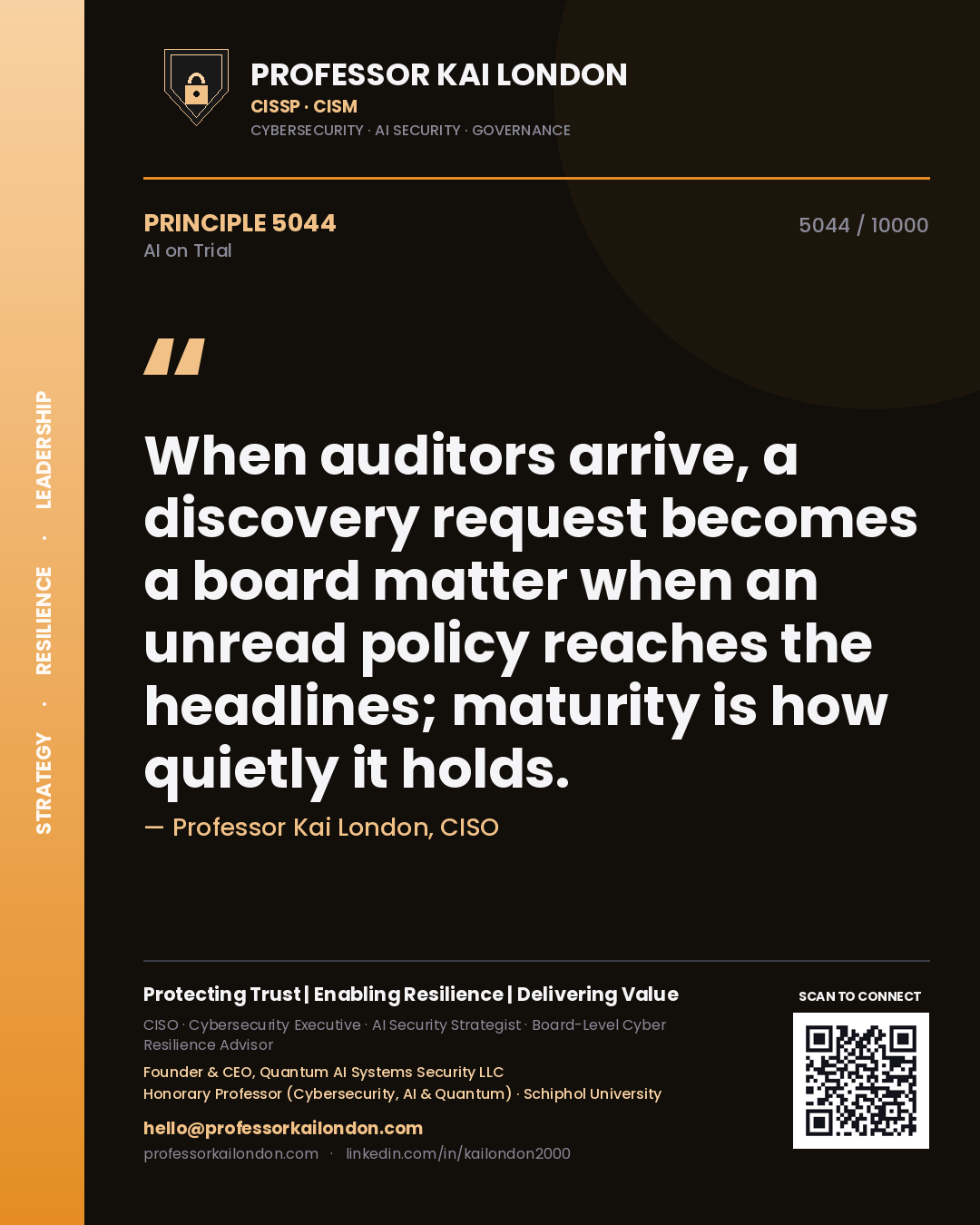 Quote card by Professor Kai London reading 'When auditors arrive, a discovery request becomes a board matter when an unread policy reaches the headlines; maturity is how quietly it holds.'. From the book AI on Trial.