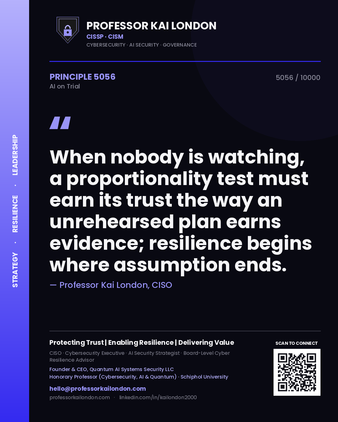 Professor Kai London principle 5056: When nobody is watching, a proportionality test must earn its trust the way an unrehearsed plan earns evidence; resilience begins where assumption ends.