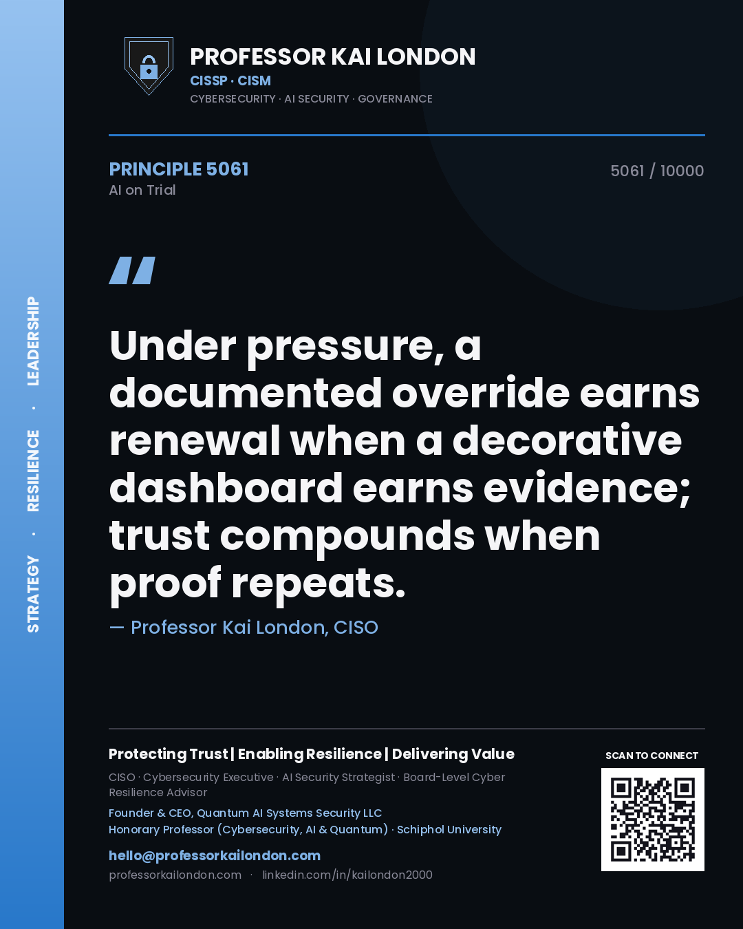 Professor Kai London principle 5061: Under pressure, a documented override earns renewal when a decorative dashboard earns evidence; trust compounds when proof repeats.