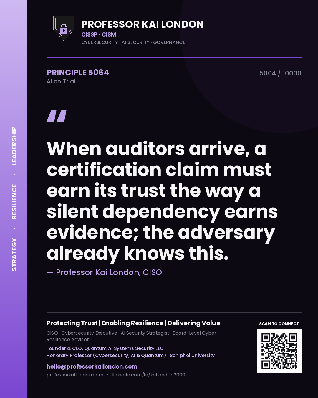 Quote card by Professor Kai London reading 'When auditors arrive, a certification claim must earn its trust the way a silent dependency earns evidence; the adversary already knows this.'. From the book AI on Trial.