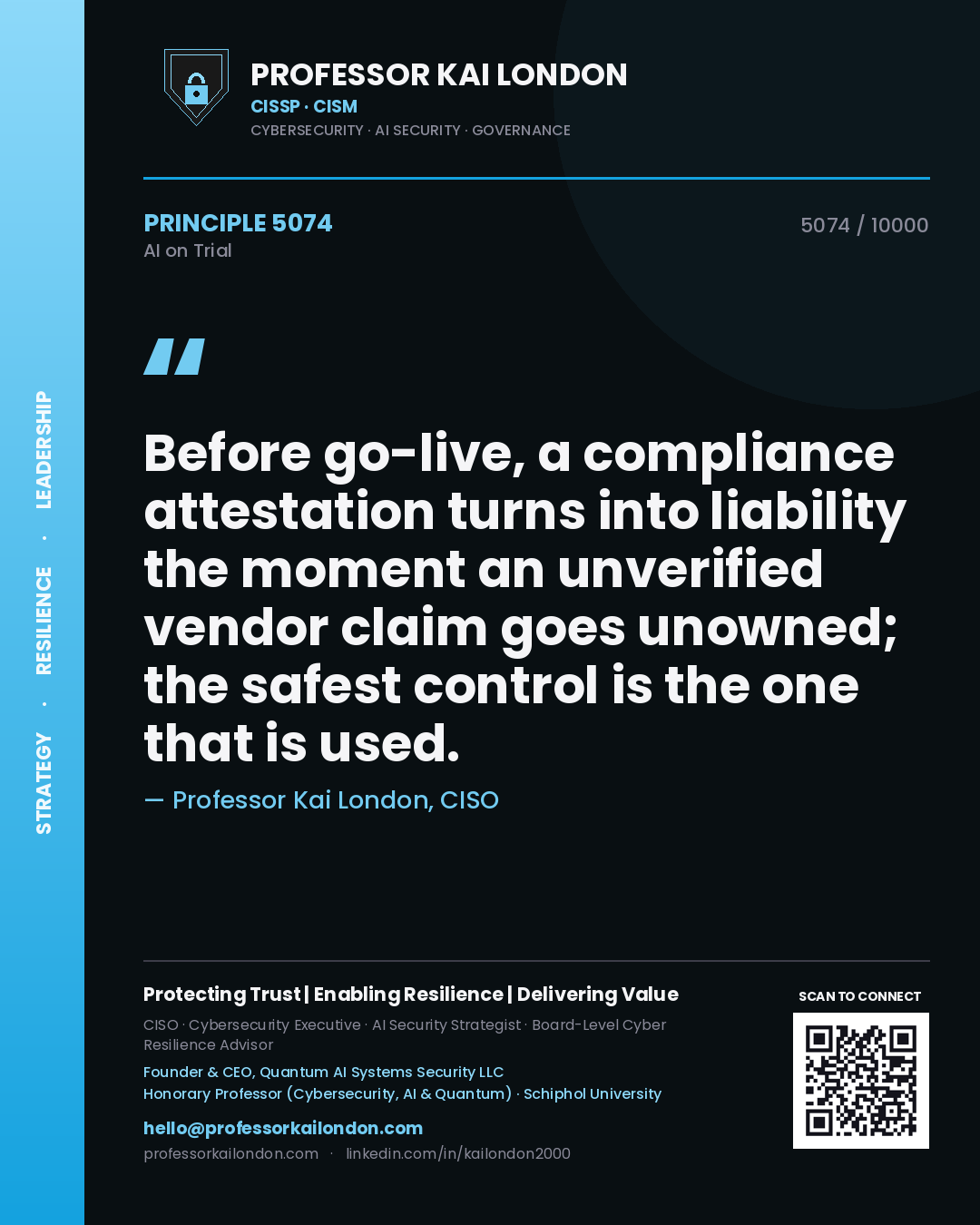 Professor Kai London principle 5074: Before go-live, a compliance attestation turns into liability the moment an unverified vendor claim goes unowned; the safest control is the one that is used.