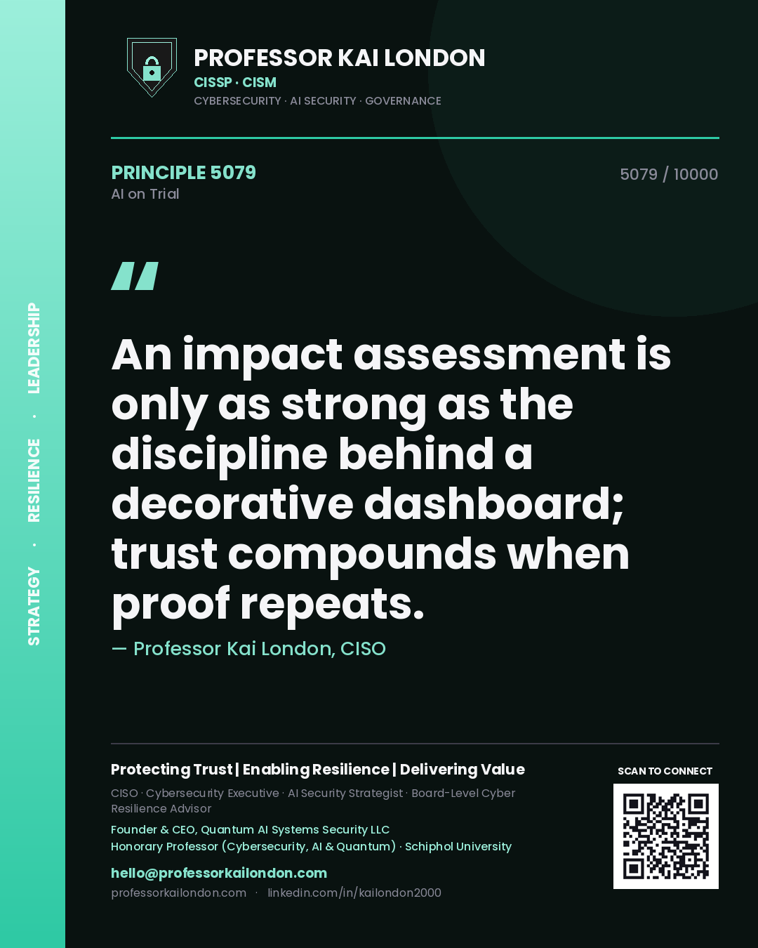 Quote card by Professor Kai London reading 'An impact assessment is only as strong as the discipline behind a decorative dashboard; trust compounds when proof repeats.'. From the book AI on Trial.