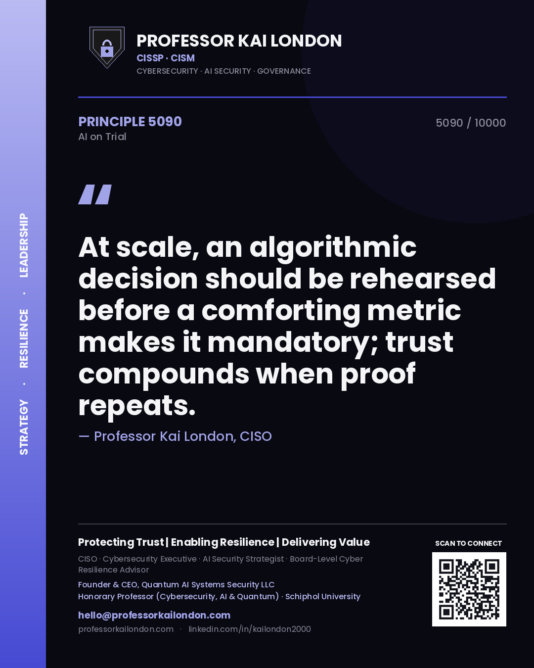 Professor Kai London principle 5090: At scale, an algorithmic decision should be rehearsed before a comforting metric makes it mandatory; trust compounds when proof repeats.