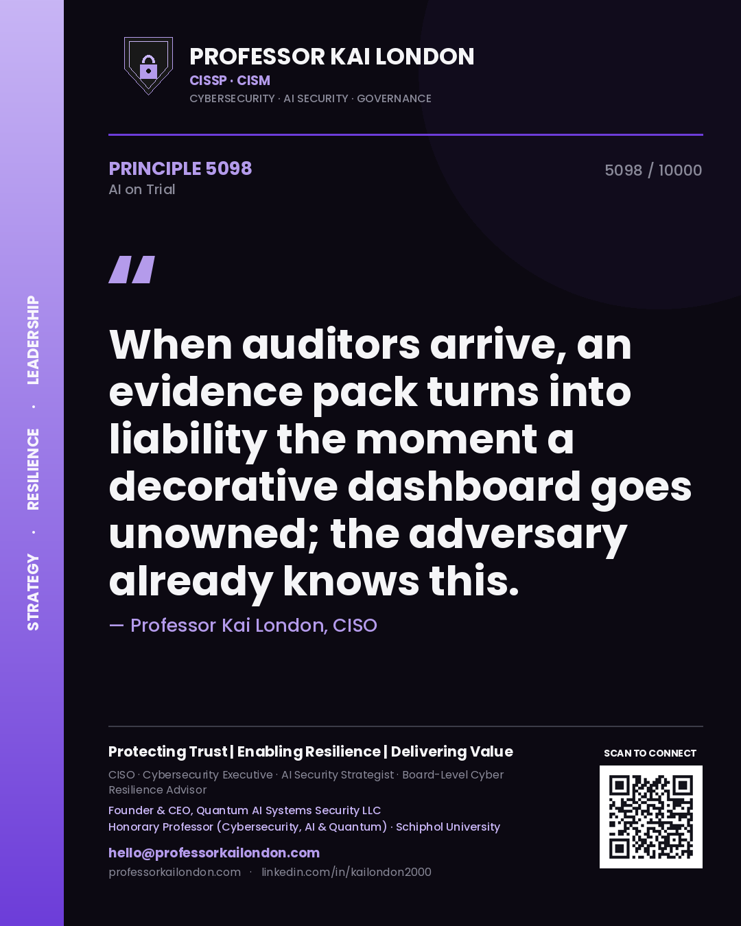 Professor Kai London principle 5098: When auditors arrive, an evidence pack turns into liability the moment a decorative dashboard goes unowned; the adversary already knows this.