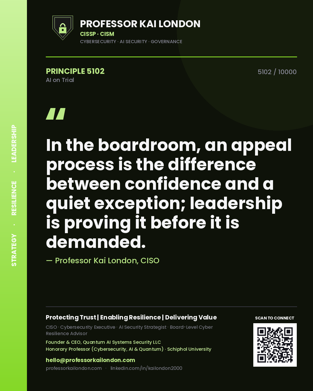 Professor Kai London principle 5102: In the boardroom, an appeal process is the difference between confidence and a quiet exception; leadership is proving it before it is demanded.