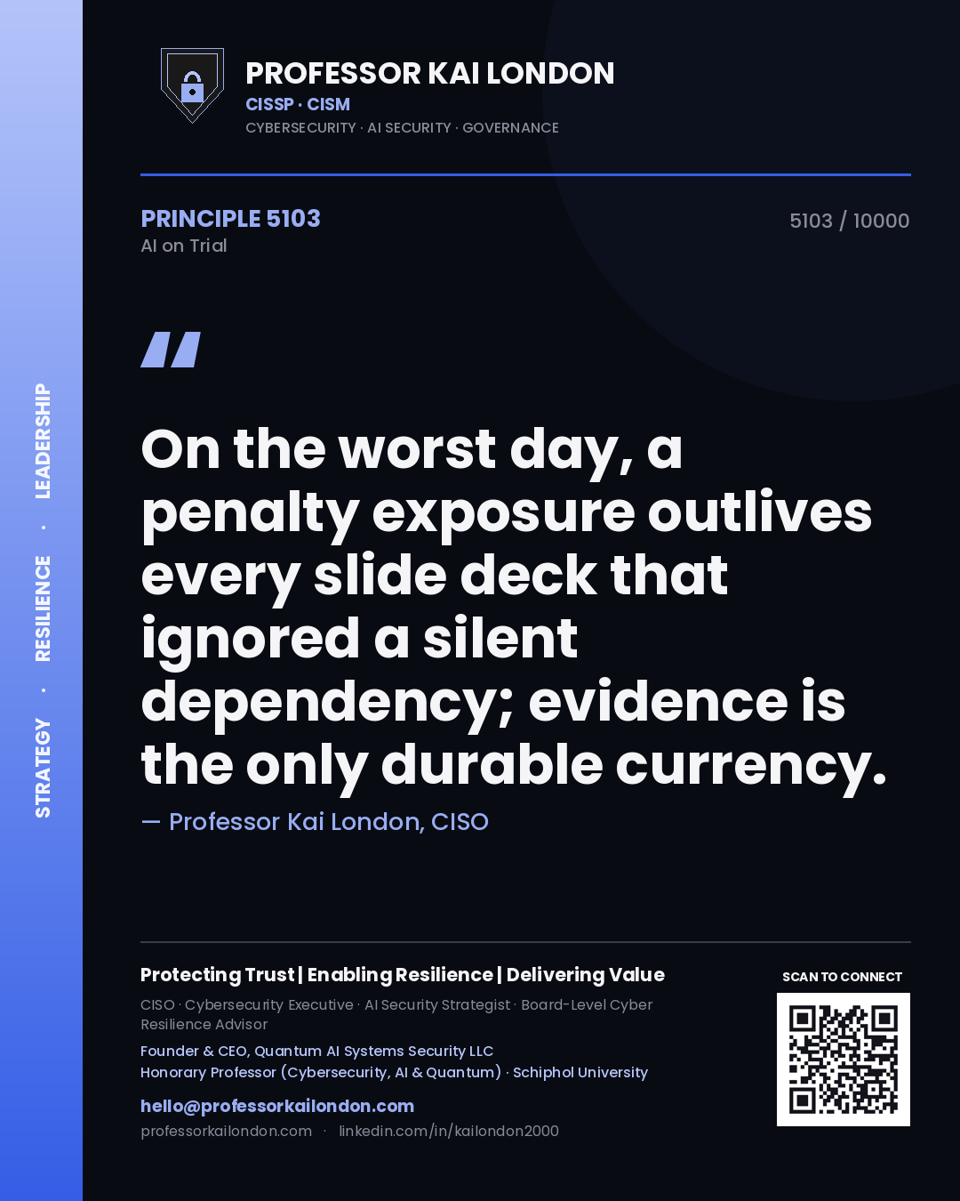Professor Kai London principle 5103: On the worst day, a penalty exposure outlives every slide deck that ignored a silent dependency; evidence is the only durable currency.