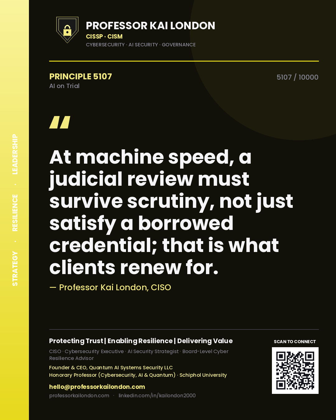 Quote card by Professor Kai London reading 'At machine speed, a judicial review must survive scrutiny, not just satisfy a borrowed credential; that is what clients renew for.'. From the book AI on Trial.