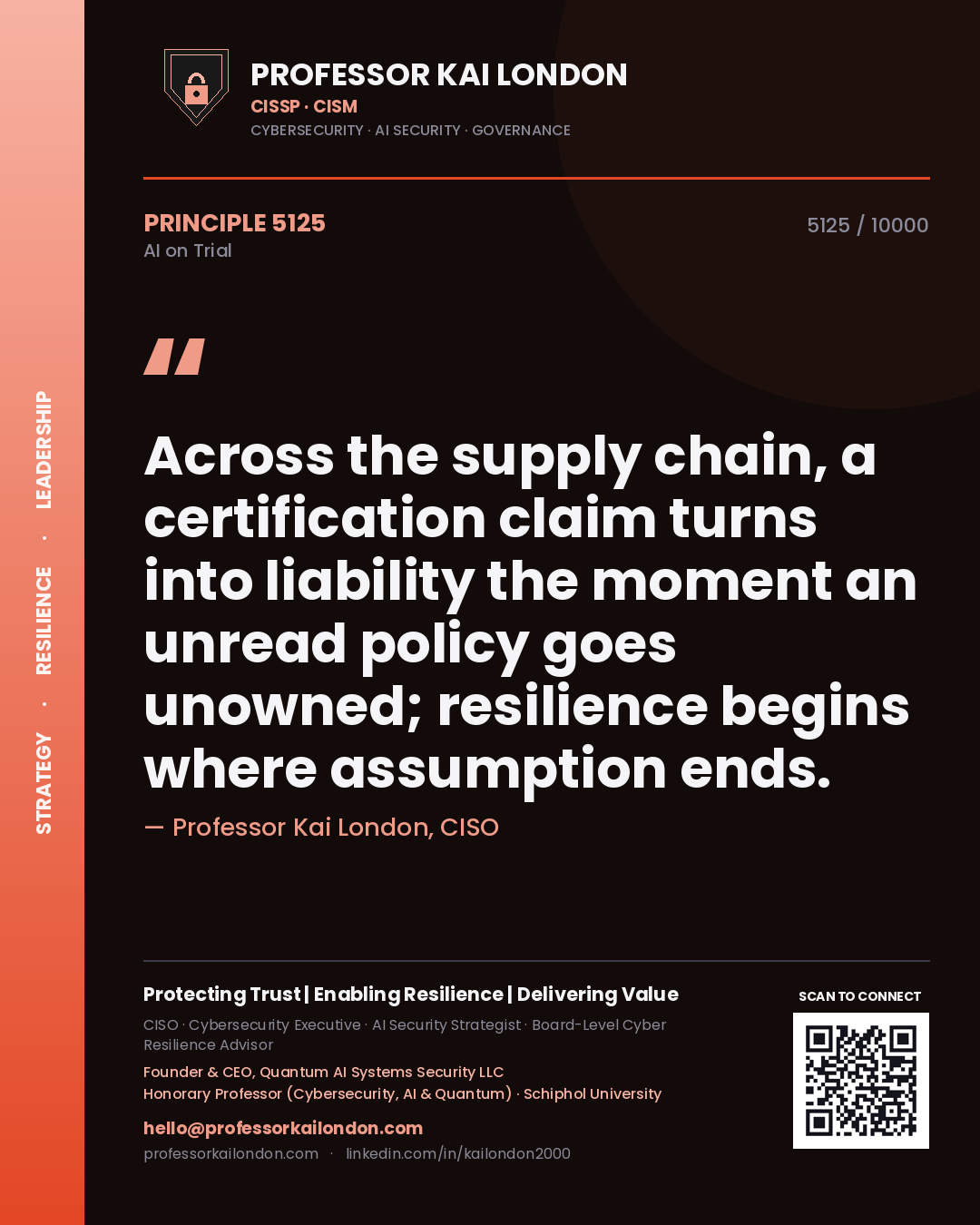 Professor Kai London principle 5125: Across the supply chain, a certification claim turns into liability the moment an unread policy goes unowned; resilience begins where assumption ends.