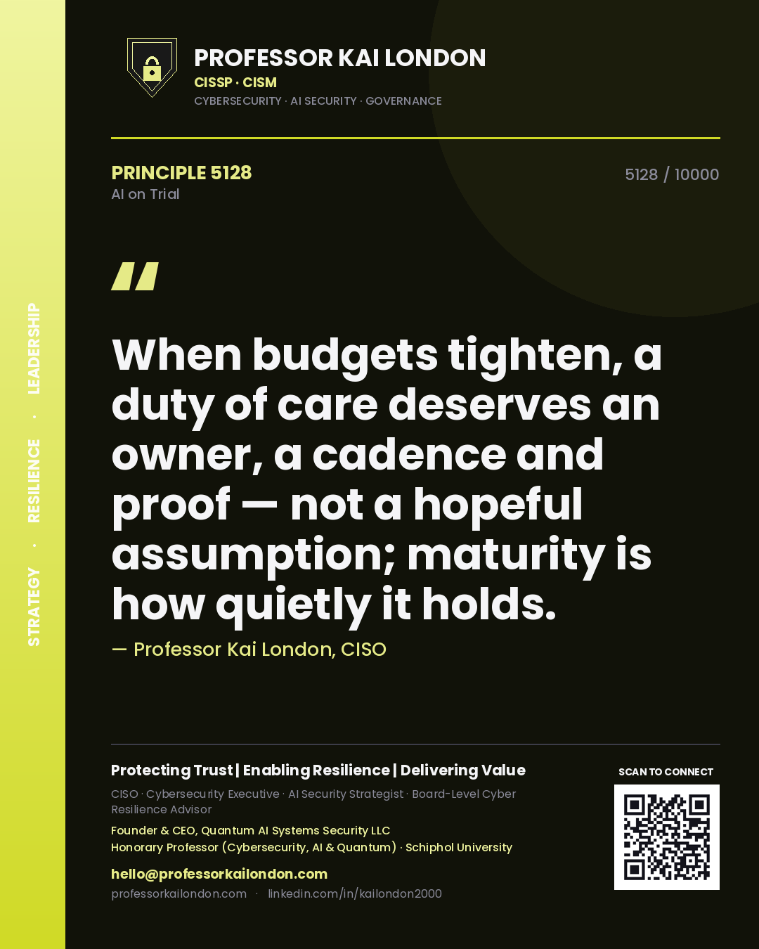Professor Kai London principle 5128: When budgets tighten, a duty of care deserves an owner, a cadence and proof — not a hopeful assumption; maturity is how quietly it holds.