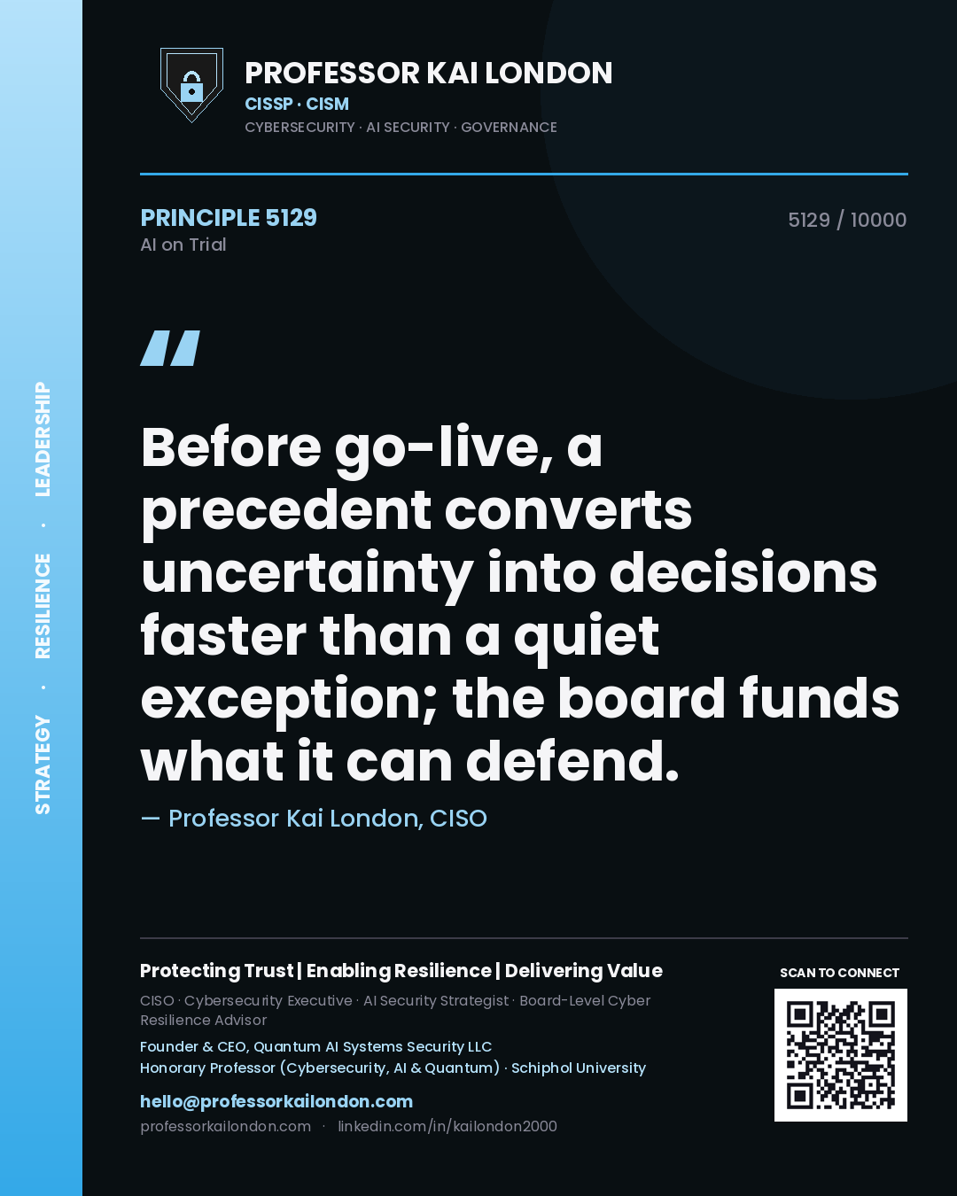 Quote card by Professor Kai London reading 'Before go-live, a precedent converts uncertainty into decisions faster than a quiet exception; the board funds what it can defend.'. From the book AI on Trial.