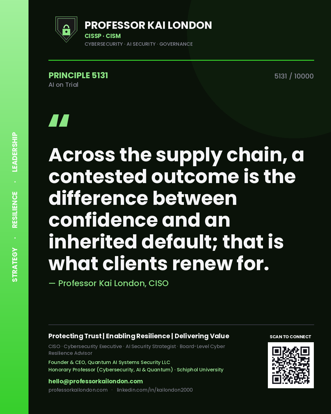 Professor Kai London principle 5131: Across the supply chain, a contested outcome is the difference between confidence and an inherited default; that is what clients renew for.