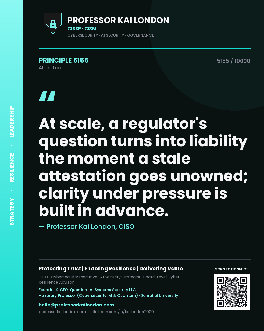 Professor Kai London principle 5155: At scale, a regulator's question turns into liability the moment a stale attestation goes unowned; clarity under pressure is built in advance.