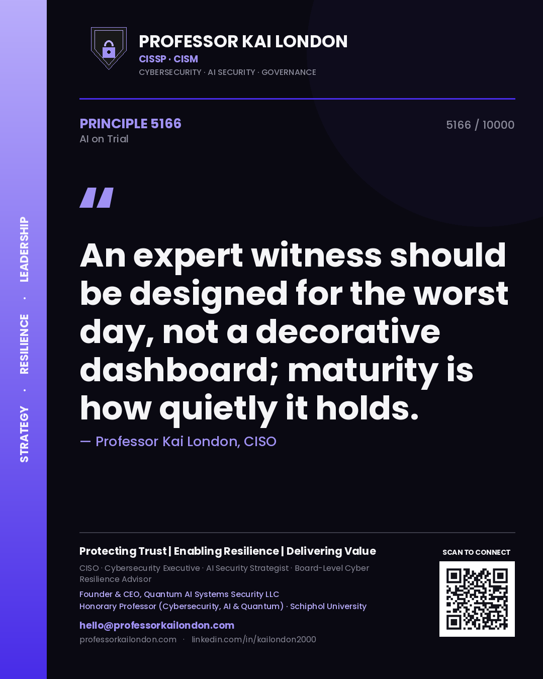 Professor Kai London principle 5166: An expert witness should be designed for the worst day, not a decorative dashboard; maturity is how quietly it holds.