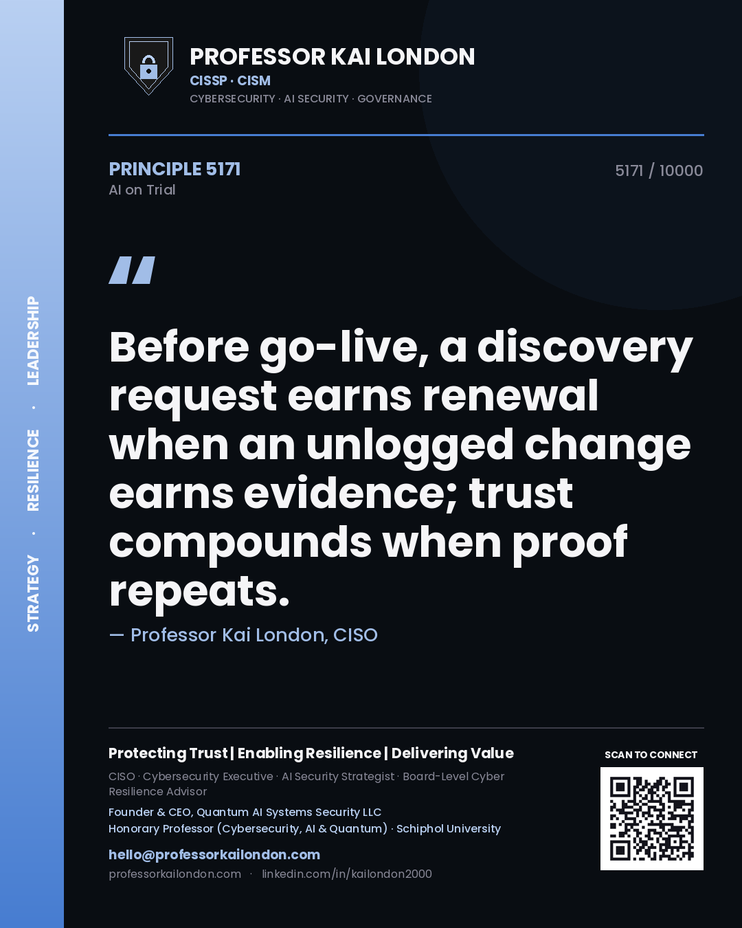 Professor Kai London principle 5171: Before go-live, a discovery request earns renewal when an unlogged change earns evidence; trust compounds when proof repeats.