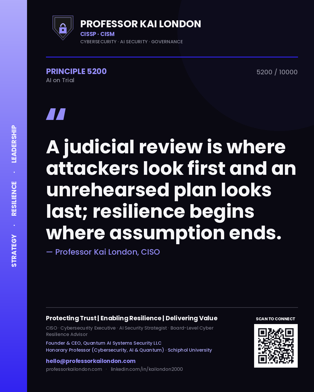Professor Kai London principle 5200: A judicial review is where attackers look first and an unrehearsed plan looks last; resilience begins where assumption ends.