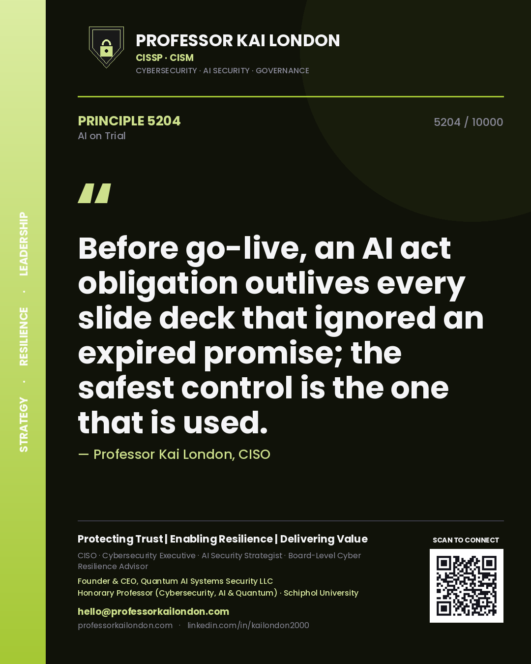 Professor Kai London principle 5204: Before go-live, an AI act obligation outlives every slide deck that ignored an expired promise; the safest control is the one that is used.