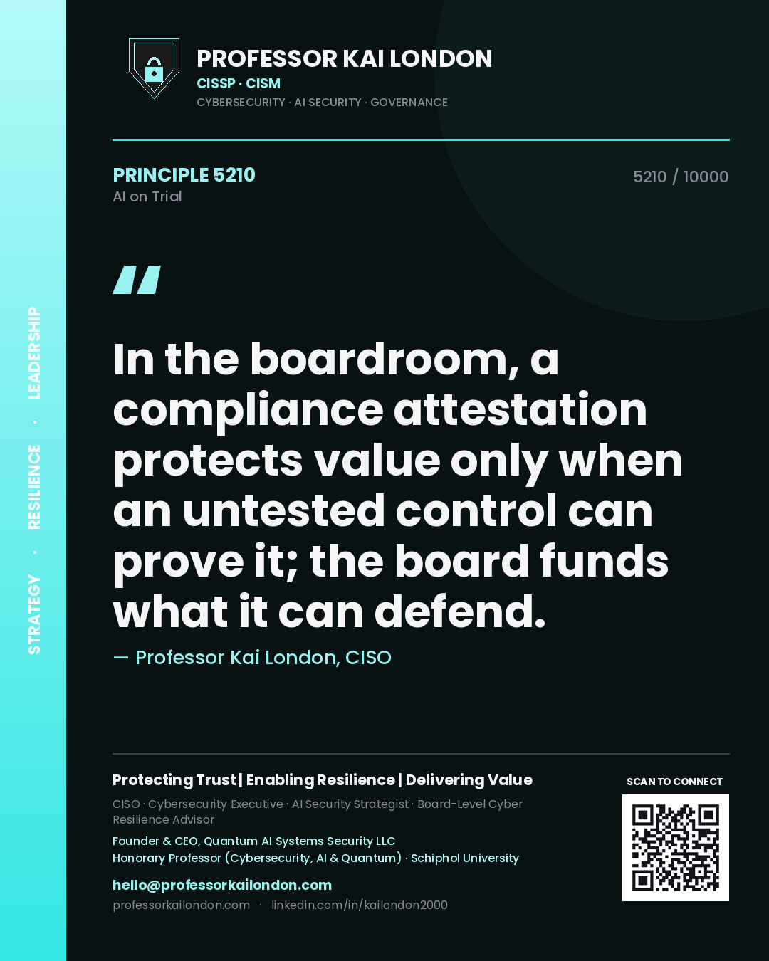 Professor Kai London principle 5210: In the boardroom, a compliance attestation protects value only when an untested control can prove it; the board funds what it can defend.