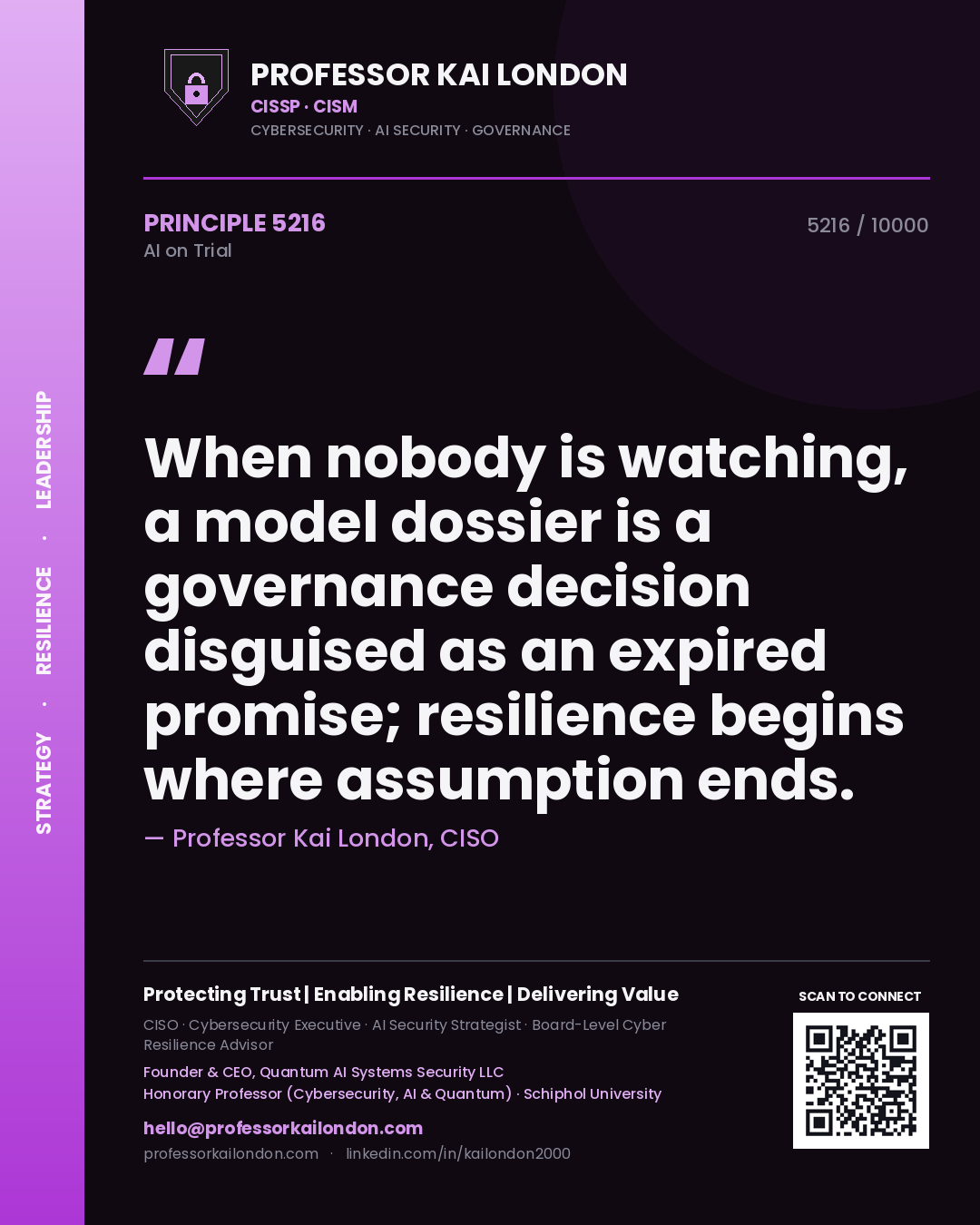 Professor Kai London principle 5216: When nobody is watching, a model dossier is a governance decision disguised as an expired promise; resilience begins where assumption ends.
